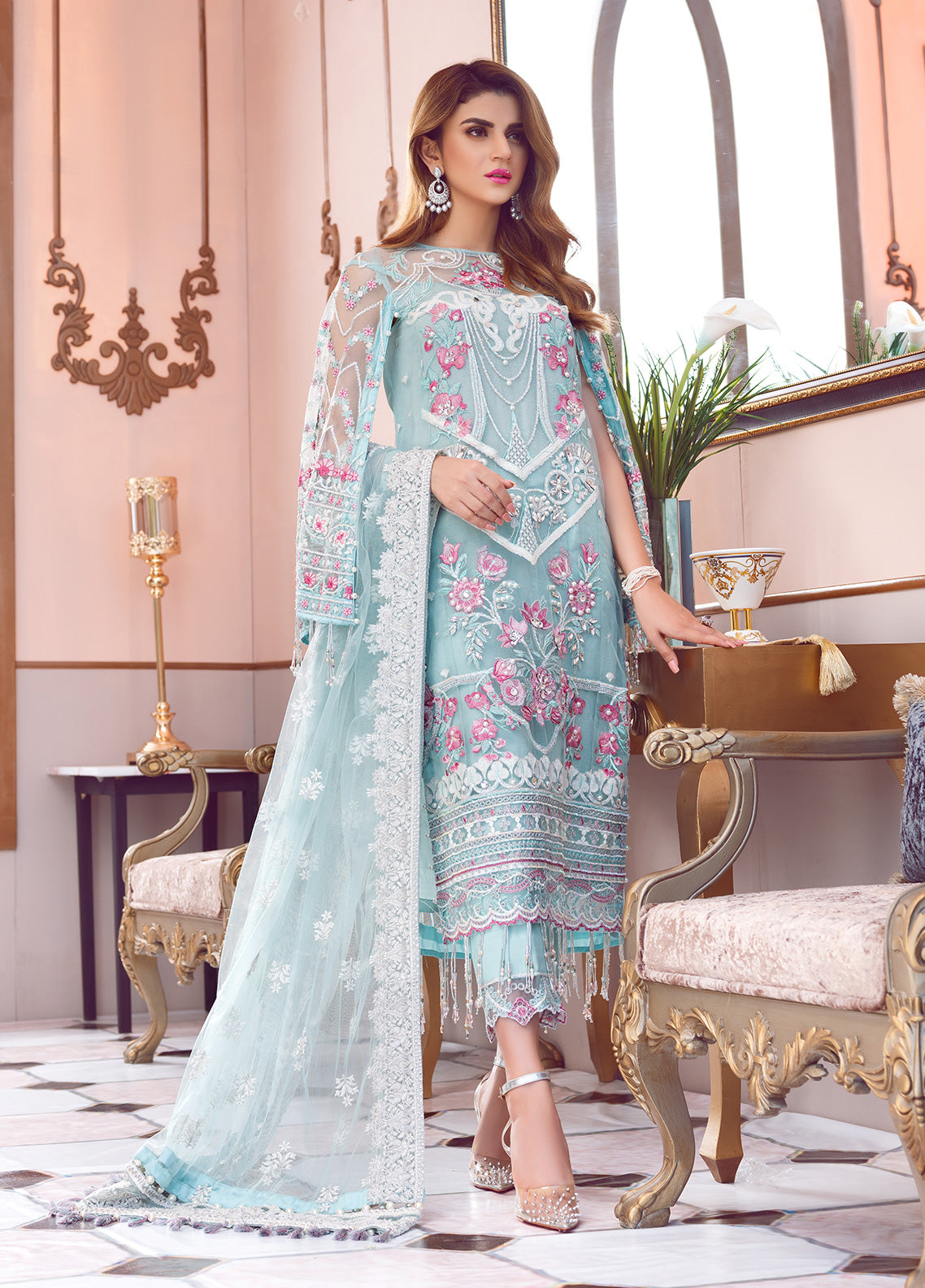 Fleur Embroidered Net 3 Piece D-7 - Soiree Luxury Formals