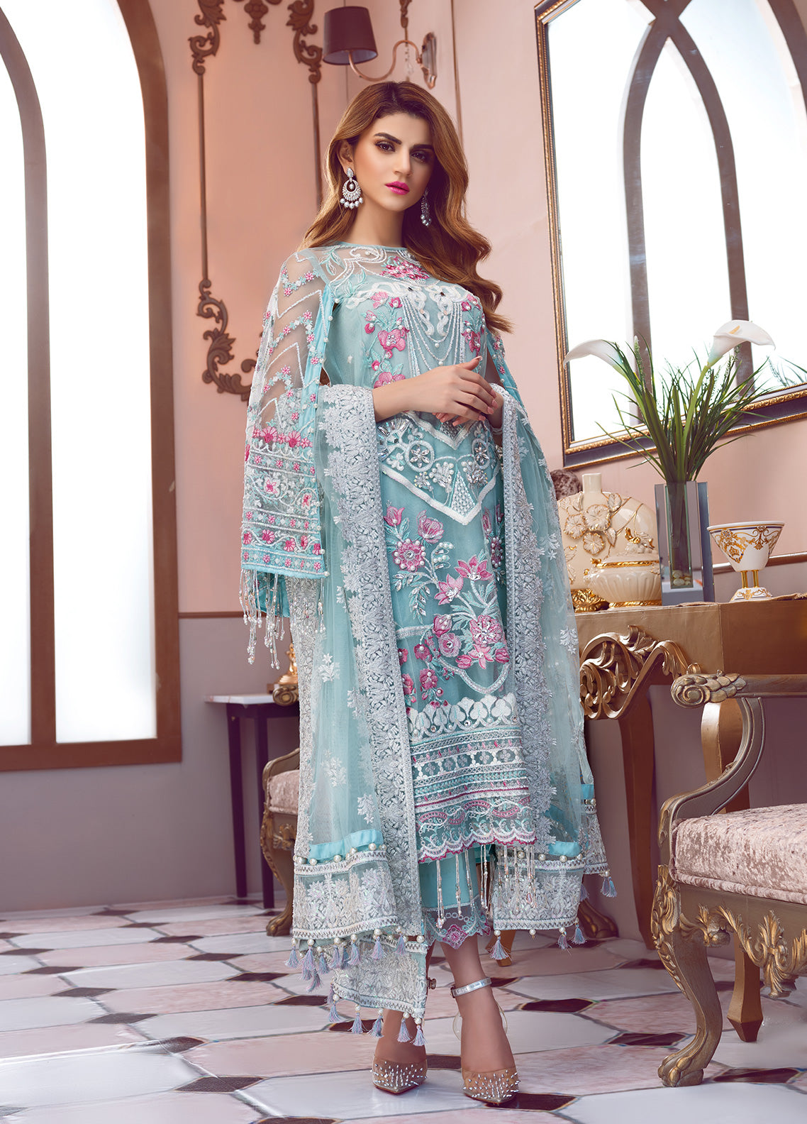 Fleur Embroidered Net 3 Piece D-7 - Soiree Luxury Formals